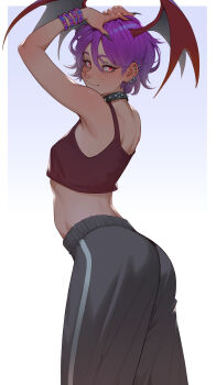 1girl arched_back armpits arms_up ass bare_arms bare_shoulders bat_wings bead_bracelet beads black_collar black_nails blue_background blush border bracelet breasts brown_tank_top cheshirrr closed_mouth collar commentary cowboy_shot crop_top darkstalkers demon_girl earrings eyeshadow fingernails from_side gradient_background grey_eyeshadow grey_pants hair_between_eyes hands_on_own_head head_wings highres jewelry lilith_(darkstalkers) long_fingernails looking_at_viewer looking_to_the_side makeup midriff multiple_bracelets nail_polish outside_border pants purple_hair red_eyes sharp_fingernails short_hair sideways_glance small_breasts smile solo spiked_ear_piercing standing studded_collar tank_top track_pants turning_head white_background white_border wings