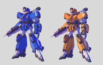 Rule 34 | absurdres, color variation, comparison, dual persona, earth federation, green visor, gundam, highres, javelin (gundam), kawatanikisaku, mecha, mecha focus, mobile suit, no humans, orange visor, robot, science fiction, shot lancer, thrusters, victory gundam, weapon