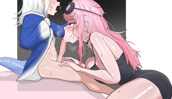 1futa 1girl :&gt;= abs absurdres age_difference babydoll bare_shoulders bed black_babydoll black_background blue_hair blue_hoodie blush bottomless breast_press breasts breath clothes_lift cowboy_shot dehgwo earrings eyebrows eyelashes feet_out_of_frame fellatio fins fish_tail from_side futa_with_female futanari gawr_gura gawr_gura_(1st_costume) highres hololive hololive_english hood hood_down hoodie hoodie_lift interspecies jewelry large_breasts lifting_own_clothes loli long_hair looking_at_another looking_up moaning mori_calliope mori_calliope_(sleepwear) multicolored_hair muscular muscular_child nose on_bed onee-loli open_mouth oral penis pink_hair profile red_eyes saliva shark_girl shark_tail simple_background sitting squatting streaked_hair tail testicles two-tone_background two-tone_hair two-tone_hoodie uncensored virtual_youtuber white_background white_hair white_hoodie