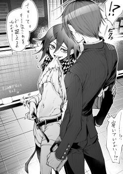 2boys belt checkered_neckerchief clothes_lift danganronpa_(series) danganronpa_v3:_killing_harmony highres jacket jacket_lift matudairaks mouth_hold multiple_boys navel neckerchief oma_kokichi open_clothes open_shorts pants saihara_shuichi short_hair shorts smile speech_bubble stomach striped_clothes striped_jacket thought_bubble translation_request yaoi