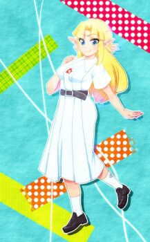 1girl aqua_background belt black_shoes blonde_hair blue_eyes blunt_bangs blunt_ends breasts brown_belt chichi_band closed_mouth commentary_request curtained_hair dress full_body hand_on_own_chest loafers long_hair medium_breasts nintendo outline pointy_ears princess_zelda round_eyewear shadow shoes smile socks solo the_legend_of_zelda the_legend_of_zelda:_a_link_to_the_past white_dress white_outline white_socks