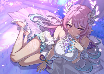 Rule 34 | 1girl, aqua hair, bare shoulders, breasts, commentary request, cyrene (demiurge) (honkai: star rail), cyrene (honkai: star rail), diamond-shaped pupils, diamond (shape), dress, hair flaps, halo, high heels, highres, honkai: star rail, honkai (series), lao meng, large breasts, long hair, lying, multicolored hair, on side, pink hair, pointy ears, purple eyes, smile, solo, symbol-shaped pupils, thighs, two-tone hair, very long hair, white dress