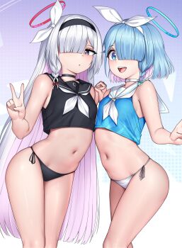 2girls absurdres arona_(blue_archive) bare_shoulders bikini bikini_bottom_only black_bikini blue_archive blue_eyes blue_hair breasts closed_mouth cowboy_shot gradient_background gradient_hair grey_eyes grey_hair hair_over_one_eye hairband halo highres holding_hands loli long_hair looking_at_viewer multicolored_hair multiple_girls navel open_mouth pink_hair plana_(blue_archive) polka_dot polka_dot_background purple_background purple_hair rev60 sailor_collar sailor_shirt shirt side-tie_bikini_bottom sleeveless small_breasts smile standing sundaniga swimsuit two-tone_hair v white_bikini