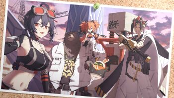 2boys 2girls absurdres ahoge animal_ear_hairband animal_ears anton_ivanov arm_pouch asymmetrical_gloves bangboo_(zenless_zone_zero) bear_boy bear_ear_hairband bear_ears belly ben_bigger black_hair black_sports_bra black_tank_top blush breasts brown_fur building bulletin_board chain chain_necklace cleavage closed_mouth cloud coat coat_on_shoulders collarbone commentary_request crop_top drill elbow_gloves eous_(zenless_zone_zero) eyepatch fake_animal_ears fat fat_man fishnet_gloves fishnets flame_print furry furry_male gloves goggles goggles_on_head grace_howard grin hair_between_eyes hair_ornament hairband hammer headband highres holding holding_hammer jewelry jumpsuit jumpsuit_around_waist koleda_belobog large_breasts looking_at_viewer midriff mismatched_gloves multicolored_hair multiple_boys multiple_girls navel necklace notched_ear open_mouth over_shoulder pants plump red_eyes red_hair red_streaks scar scar_across_eye scar_on_face short_hair single_elbow_glove sitting_on_shoulder smile sphere_hair_ornament spiked_hair sports_bra streaked_hair striped_headband taitan tank_top uneven_gloves v-shaped_eyebrows weapon weapon_over_shoulder white_coat white_pants zenless_zone_zero zipper_top