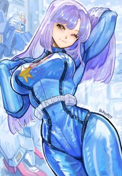 1girl blue_bodysuit bodysuit breasts brown_eyes dated earrings gundam gundam_zz hangar highres jewelry long_hair looking_at_viewer mecha_pilot_suit medium_breasts mobile_suit normal_suit_(gundam) okrdisk2000 purple_eyes purple_hair robot roux_louka science_fiction smile v-fin zeta_gundam_(mobile_suit)