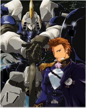 1990s_(style) 1boy absurdres brown_hair commentary_request glowing glowing_eyes green_eyes gundam gundam_wing highres holding holding_weapon mecha military_uniform mobile_suit retro_artstyle robot science_fiction shield short_hair sind_ngmhn28 smile solo tallgeese_ii treize_khushrenada weapon