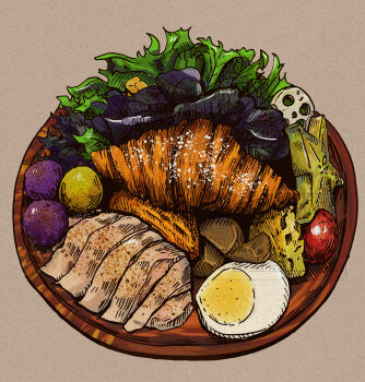 Rule 34 | absurdres, bread, croissant, food, food focus, food request, fruit, grey background, hardboiled egg, highres, no humans, original, salad, starfruit, starfruit slice, sungayking, watermark
