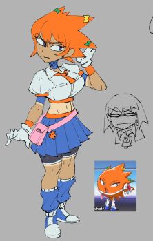 1girl anime_screenshot_inset beauty_(bobobo-bo_bo-bobo) bike_shorts bike_shorts_under_skirt blue_eyes blue_leg_warmers blue_shoes blue_skirt bobobo-bo_bo-bobo bow breasts caliginousarts collared_shirt commentary crop_top cropped_shirt dark-skinned_female dark_skin don_patch doodle_inset english_commentary genderswap genderswap_(mtf) gloves gyaru hair_bow hand_in_own_hair hand_up highres large_breasts leg_warmers multiple_hair_bows navel necktie orange_hair orange_necktie personification puffy_short_sleeves puffy_sleeves reference_inset screenshot_inset shirt shoes short_hair short_sleeves skirt solo spiked_hair tan tanline tanline_peek v-shaped_eyebrows waist_bag white_gloves white_shirt