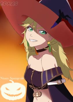 1girl bare_shoulders black_choker black_collar bleach bleach:_brave_souls blonde_hair breasts burn_the_witch choker collar green_eyes halloween halloween_costume hat highres long_hair long_sleeves medium_breasts midriff navel ninny_spangcole official_alternate_costume pumpkin self-upload smile solo source_request twintails witch_hat