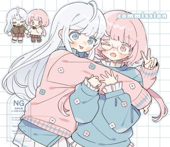 2girls :d :o :p ;d ahoge blue_eyes blue_hair blue_outline blue_sweater blush chibi closed_eyes closed_mouth commentary commission dot_nose frilled_sleeves frills glasses grid_background hashtag-only_commentary highres hug long_hair long_sleeves looking_at_viewer moi03_moi08 multiple_girls multiple_views one_eye_closed open_mouth original outline pink-framed_eyewear pink_eyes pink_hair pink_sweater pleated_skirt semi-rimless_eyewear skirt sleeves_past_wrists smile sweater tongue tongue_out under-rim_eyewear upper_body v watermark white_background white_skirt