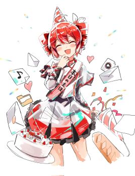 Rule 34 | 1girl, ahoge, baguette, birthday cake, black skirt, blush, bread, cake, closed eyes, commentary request, drill hair, food, grey shirt, grey skirt, hand up, highres, kasane teto, kasane teto (sv), layered skirt, mail, mp777b, multicolored skirt, party popper, pleated skirt, pointy hat, red hair, red skirt, shirt, skirt, smile, solo, synthesizer v, twin drills, utau, white background