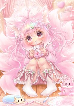 1girl :3 absurdres ahoge animal_ear_fluff animal_ears blush child's_drawing commentary_request crayon curtains drinking drinking_straw feet flower fox_ears fox_girl fox_tail hair_flower hair_ornament hairclip highres hyakumensou_ms_rs4-x juice_carton long_hair looking_at_viewer multiple_tails original paper pink_eyes pink_hair pink_shirt pink_skirt shirt sitting skirt smile socks solo tail toes white_socks window