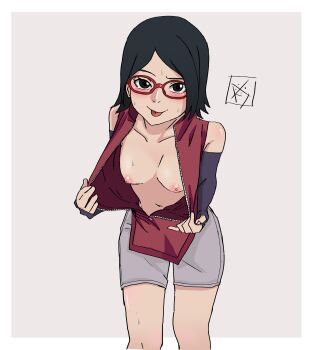 1girl absurdres aldwelter black_eyes black_hair black_sleeves blush border boruto:_naruto_next_generations breasts collarbone detached_sleeves glasses grey_background grey_shorts highres jacket leaning_forward long_sleeves looking_at_viewer medium_hair naruto_(series) nipples open_clothes open_jacket parted_bangs red-framed_eyewear red_jacket short_shorts shorts sketch small_breasts smile solo standing straight_hair sweatdrop tongue tongue_out uchiha_sarada white_border