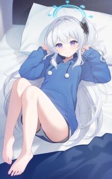 1girl absurdres bare_legs barefoot black_bow blue_archive blue_halo blue_hoodie bow closed_mouth commentary drawstring feet full_body grey_hair hair_bow halo hands_up head_on_pillow highres hood hood_down hoodie knees_up kooriais long_hair long_sleeves looking_at_viewer lying miyako_(blue_archive) miyako_(young)_(blue_archive) official_alternate_costume on_back one_side_up pillow pom_pom_(clothes) pom_pom_drawstring purple_eyes short_shorts shorts sleeves_past_wrists smile solo toes very_long_hair white_shorts