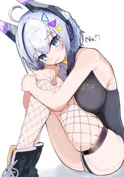 Rule 34 | 1girl, absurdres, ahoge, black leotard, blue eyes, breasts, character name, commentary request, feet out of frame, fishnet thighhighs, fishnets, food, food in mouth, hair ornament, headgear, highres, hugging own legs, large breasts, leotard, looking at viewer, mouth hold, multicolored leotard, neutrino (software), no. 7 (neutrino), no jacket, sabiaji (gama ou), shoes, short hair, simple background, sitting, sneakers, solo, thighhighs, triangle hair ornament, two-tone leotard, vegetable, voicevox, white background, white hair, white leotard