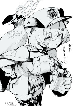 1girl absurdres animal_ears blue_archive blush breasts closed_mouth cowboy_shot flask gloves greyscale halo hand_on_own_hip hat highres hip_flask holding holding_flask jacket leaning_forward long_sleeves medium_breasts mishima_hiroji monochrome one_eye_closed shigure_(blue_archive) smile solo tail translation_request weasel_ears weasel_girl weasel_tail white_background