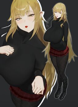 1girl absurdres arms_behind_back black_background black_pantyhose black_sweater blonde_hair boots breasts closed_mouth commentary hand_on_own_chest high_heel_boots high_heels highres huge_breasts kiss-shot_acerola-orion_heart-under-blade long_hair looking_at_viewer miniskirt monogatari_(series) multiple_views oshino_shinobu pantyhose plaid_clothes plaid_skirt pointy_ears red_lips red_skirt simple_background skirt solo sweater tabulagami turtleneck turtleneck_sweater untranslatable_commentary vampire very_long_hair yellow_eyes