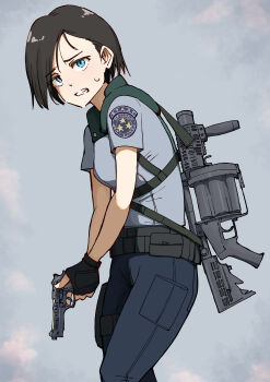 1girl absurdres aiming_down belt belt_pouch beretta_92 black_belt black_gloves blue_background blue_eyes blue_pants blue_shirt breasts brown_hair collared_shirt combat_belt commentary cowboy_shot emblem finger_on_trigger fingerless_gloves from_side furrowed_brow gloves grenade_launcher gun haldeco handgun highres holding holding_gun holding_weapon holster jill_valentine looking_at_viewer looking_to_the_side medium_breasts military_uniform milkor_mgl own_hands_together pants patch pistol pouch resident_evil revolver_grenade_launcher samurai_edge scared semi-automatic_grenade_launcher shirt short_hair_with_long_locks short_sleeves shoulder_patch smoke solo strap sweatdrop swept_bangs thigh_holster thigh_strap two-handed upturned_eyes v_arms weapon weapon_on_back weapon_request worried