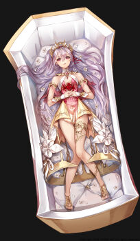 1girl absurdres bouquet bracelet breasts brooch coffin commentary crinoline crown detached_collar dress dress_flower dress_ribbon english_commentary ezu_(leejiyu) flower full_body gem gold_dress gold_sandals gold_thighlet grey_hair hair_flowing_over hair_spread_out high-low_dress highres holding holding_bouquet interlocked_fingers jane_(king's_raid) jewelry king's_raid knees_together_feet_apart long_hair lying multicolored_dress official_alternate_costume official_art on_back own_hands_together pelvic_curtain petals pink_dress pink_gemstone red_eyes red_flower red_ribbon ribbon sandals see-through_clothes see-through_dress side_ponytail small_breasts solo spider_lily thighlet very_long_hair white_flower white_ribbon wrist_cuffs