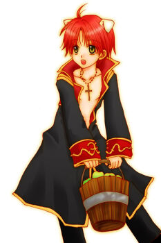 1boy ahoge animal_ears black_coat black_pants bucket coat commentary_request cowboy_shot cross cross_necklace dog_boy dog_ears gold_trim holding holding_bucket jewelry long_sleeves looking_afar makoto108 male_focus multicolored_coat necklace open_mouth pants priest_(ragnarok_online) ragnarok_online red_coat red_hair short_hair simple_background solo two-tone_coat white_background wooden_bucket yellow_eyes