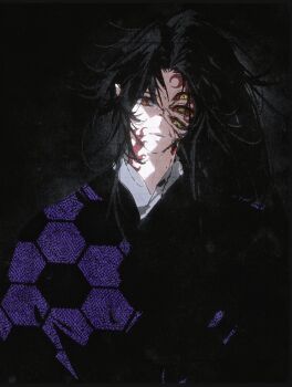 Rule 34 | 1boy, black background, black hair, closed mouth, colored sclera, extra eyes, high ponytail, highres, japanese clothes, kimetsu no yaiba, kimono, kokushibou, long hair, looking at viewer, male focus, ponytail, purple kimono, red eyes, red sclera, scar, scar on face, scar on forehead, scar on neck, solo, tsugikuni michikatsu, upper body, wddssmr