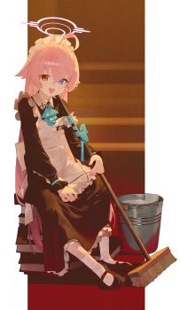 1girl absurdres ahoge apron ascot black_dress black_shoes blue_archive blue_eyes blush book breasts broom bucket commentary_request dress hair_between_eyes halo heterochromia highres hoshino_(blue_archive) long_hair long_sleeves looking_at_viewer maid_headdress modare open_mouth pink_hair shoes sitting small_breasts smile socks solo white_apron white_socks yellow_eyes