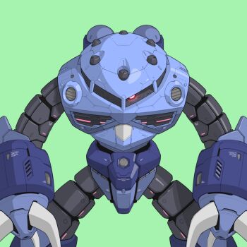 bmwsb0 claws glowing glowing_eye green_background gundam highres machine machinery mecha mecha_focus mobile_suit mobile_suit_gundam no_humans one-eyed original portrait red_eyes redesign robot science_fiction solo straight-on z'gok zeon