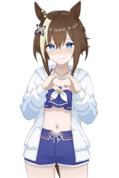 Rule 34 | 1girl, animal ears, bikini, bikini shorts, blue bikini, blue eyes, blue swim trunks, blush, braid, breasts, brown hair, cheval grand (summer calm navy drop) (umamusume), cheval grand (umamusume), closed mouth, hair between eyes, half up braid, heart, heart hands, highres, horse ears, horse girl, horse tail, jacket, jewelry, looking at viewer, medium hair, multicolored hair, nanasedayoxd, navel, necklace, official alternate costume, official alternate hairstyle, open clothes, open jacket, shorts, simple background, solo, streaked hair, sweatdrop, swimsuit, tail, umamusume, white background, white hair, white jacket, white streaks