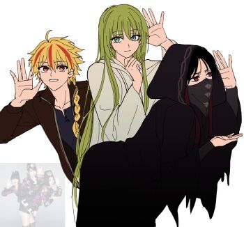 Rule 34 | 1boy, 1girl, 1other, ahoge, androgynous, black hair, blonde hair, braid, braided ponytail, cloak, commentary request, enkidu (fate), fate/strange fake, fate (series), green eyes, green hair, hood, hood up, hooded cloak, jacket, korean commentary, long hair, long sleeves, looking at viewer, mask, mouth mask, multicolored hair, no name assassin (fate), open mouth, perfume (band), red eyes, red streaks, reference inset, richard i (fate), robe, rotomem, shirt, simple background, single braid, smile, white background