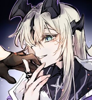 2girls arknights black_gloves black_shirt blonde_hair commentary curtains dragon_horns gloves gradient_background green_eyes grey_background hair_over_one_eye highres horns incest jewelry long_hair multiple_girls necrass_(arknights) one_eye_covered out_of_frame reed_(arknights) reed_the_flame_shadow_(arknights) ring shirt siblings simple_background sisters smile solo_focus untranslatable_commentary wanderingfox yuri