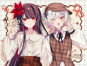 2girls :o absurdres black_hair black_ribbon brown_hat brown_skirt brown_vest closed_mouth collared_shirt commentary_request fang flower hair_flower hair_ornament hand_up hat highres long_hair long_sleeves looking_at_viewer mahou_shoujo_no_majo_saiban multicolored_hair multiple_girls neck_ribbon nikaido_hiro official_alternate_costume one_eye_closed open_mouth pink_eyes pink_hair plaid_clothes plaid_skirt plaid_vest puffy_long_sleeves puffy_sleeves red_eyes red_flower ribbon ritzchrono sakuraba_ema shirt short_hair skirt smile treasure_cafe v vest white_hair white_shirt x_hair_ornament