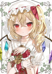 Rule 34 | 1girl, :o, absurdres, blonde hair, crystal wings, dress, flandre scarlet, frilled dress, frills, hat, hat ribbon, highres, okome2028, pointy ears, red eyes, red ribbon, ribbon, side ponytail, solo, touhou, upper body, white mob cap, wrist cuffs