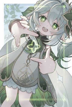 Rule 34 | 1girl, bloomers, blush, commentary, cross-shaped pupils, dress, finger frame, genshin impact, gold trim, gradient hair, green eyes, green hair, hair between eyes, hair ornament, highres, leaf hair ornament, long hair, looking at viewer, multicolored hair, nahida (genshin impact), open mouth, pointy ears, saikido (hitaren), signature, sleeveless, sleeveless dress, solo, symbol-shaped pupils, teeth, underwear, upper teeth only, white bloomers, white dress, white hair
