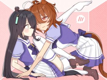 2girls @_@ agnes_tachyon_(umamusume) ahoge animal_ears barefoot black_hair blush bow bowtie box breasts brown_shoes commentary_request cramped ear_blush ear_tag earrings ears_down flat_chest high_heels highres horse_ears horse_girl horse_tail huge_ahoge in_box in_container jewelry long_hair manhattan_cafe_(umamusume) medium_breasts multicolored_hair multiple_girls nervous_sweating nochatea pleated_skirt puffy_short_sleeves puffy_sleeves purple_bow purple_bowtie purple_shirt purple_trim red_eyes sailor_collar school_uniform shirt shirt_tucked_in shoes short_sleeves single_earring skirt spoken_blush stuck_in_a_box sweat sweatdrop tail thighhighs thighs tracen_school_uniform umamusume very_long_hair waist_bow wavy_mouth weapon white_hair white_sailor_collar white_skirt white_thighhighs yellow_eyes yuri