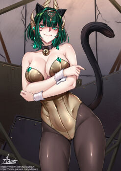 1girl adsouto animal_ears bell breasts cat_ears cat_tail collar covered_navel crossed_arms earrings eye_tattoo fake_animal_ears fake_tail genshin_impact green_eyes green_hair headpiece highres jewelry leotard mark_under_eye medium_breasts mole mole_under_eye nail_polish neck_bell nefer_(genshin_impact) pantyhose signature smile solo strapless strapless_leotard tail tattoo variant_set wrist_cuffs