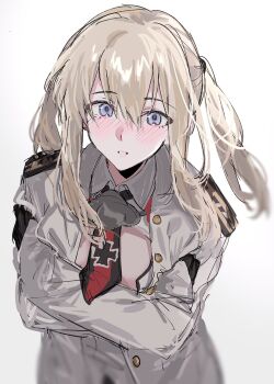 1girl aogisa blonde_hair blue_eyes commentary epaulettes graf_zeppelin_(kancolle) highres jacket kantai_collection looking_at_viewer military_jacket necktie open_mouth simple_background solo symbol-only_commentary teeth twintails upper_body white_jacket