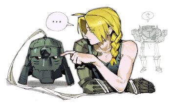 Rule 34 | ..., 2boys, ahoge, alphonse elric, anger vein, armor, black tank top, blonde hair, braid, brothers, clenched hands, crossed arms, disembodied head, edward elric, full armor, fullmetal alchemist, hair over shoulder, headless, helm, helmet, long hair, male focus, mechanical arms, multiple boys, parted bangs, plate armor, plume, shoulder spikes, siblings, single bare shoulder, single braid, single mechanical arm, spikes, spoken anger vein, spoken ellipsis, tank top, upper body, white background, white eyes, yongsa (y0ngs4)