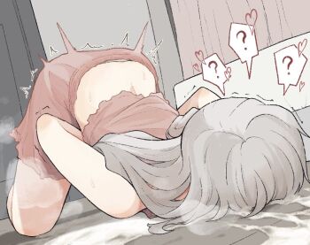 1girl ? az84997592 bare_shoulders clothed_masturbation face_down female_masturbation grey_hair heart indoors long_hair masturbation on_bed original panties panty_peek pink_skirt skirt sleeveless solo spoken_question_mark steaming_body sweat top-down_bottom-up trembling underwear