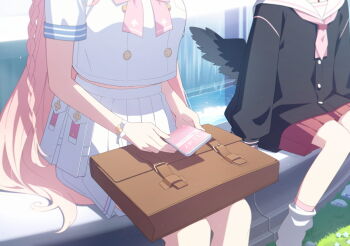 Rule 34 | 2girls, artist request, bag, black jacket, black wings, blue archive, bow, braid, breasts, brown bag, game cg, hanako (blue archive), highres, holding, holding bag, jacket, koharu (blue archive), large breasts, leg warmers, long hair, low wings, multiple girls, neckerchief, non-web source, official art, pink bow, pink hair, pink neckerchief, pink skirt, pleated skirt, sailor collar, shirt, short sleeves, single braid, sitting, sitting on hair, skirt, very long hair, white leg warmers, white sailor collar, white shirt, white skirt, wings