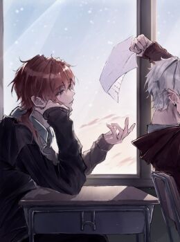 Rule 34 | 2boys, alternate costume, arm up, black shirt, closed mouth, desk, ear piercing, from side, hashtag-only commentary, head rest, highres, holding, holding paper, kuzuha (nijisanji), lauren iroas, long hair, long sleeves, male focus, multiple boys, nijisanji, outstretched arm, paper, piercing, pointy ears, ponytail, red hair, school desk, shirt, short hair, side ponytail, sky, todose, upper body, virtual youtuber, white hair, window