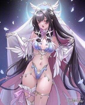 1girl alternate_costume artist_name asymmetrical_legwear black_hair blue_bra blue_panties bra bridal_veil character_name closed_eyes columbina_(genshin_impact) commentary falling_petals genshin_impact glowing head_wings highres long_hair multicolored_hair navel panties petals pink_hair princess_ailish signature solo two-tone_hair underwear veil very_long_hair wings