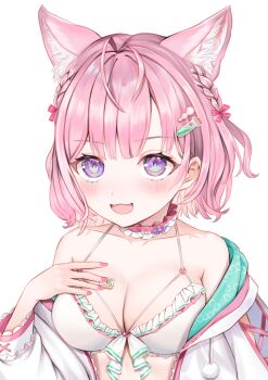 Rule 34 | 1girl, absurdres, animal ear fluff, animal ears, antenna hair, bare shoulders, bikini, blush, bow, braid, breasts, choker, cleavage, collarbone, commentary, extra ears, fingernails, frilled bikini, frilled choker, frilled thigh strap, frills, hair bow, hair ornament, hakui koyori, hakui koyori (summer), highres, hololive, jacket, jacket partially removed, large breasts, long sleeves, looking at viewer, momomoto82, multicolored eyes, multiple hair bows, nail polish, open clothes, open jacket, open mouth, pink eyes, pink hair, pink nails, pink tail, purple eyes, short hair, side braid, simple background, smile, solo, swimsuit, thigh strap, twin braids, untranslatable commentary, upper body, virtual youtuber, white background, white bikini, white jacket, wolf ears, wolf girl