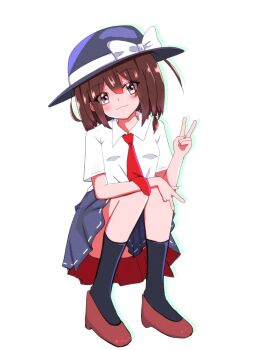 Rule 34 | 1girl, asymmetrical sidelocks, black hat, black skirt, black socks, blush, bone vone, bow, brown hair, brown shoes, collared shirt, commentary request, convenient leg, film grain, full body, hat, hat bow, highres, kneehighs, medium hair, necktie, red eyes, red necktie, red skirt, ribbon-trimmed skirt, ribbon trim, shadow, shirt, shoes, short sleeves, sidelocks, skirt, smile, socks, solo, squatting, touhou, two-sided fabric, two-sided skirt, usami renko, v, white shirt