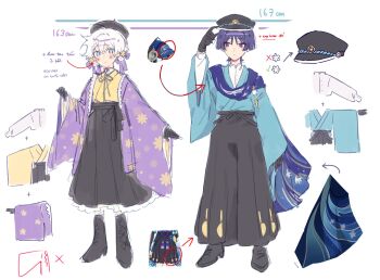 1boy 1girl ahoge alternate_costume arm_at_side artist_self-insert beret black_boots black_gloves black_hakama black_hat black_shoes blue_eyes blue_kimono blue_shawl blue_sleeves blush boots braid braided_bangs closed_mouth couple english_text eyeliner eyeshadow feathers floral_print floral_print_kimono genshin_impact gloves hair_between_eyes hakama hand_up haori hat height_chart height_difference hetero highres japanese_clothes kimono lace-up_boots layered_sleeves long_sleeves looking_at_another looking_at_viewer makeup mandarin_collar oc_x_canon original peaked_cap pom_pom_(clothes) print_kimono purple_eyes purple_hair purple_haori red_eyeliner red_eyeshadow ribbon scaramouche_(genshin_impact) shawl shirt shoes short_sleeves tareme tsurime undershirt white_hair white_ribbon white_shirt white_sleeves white_trim wide_sleeves yellow_feathers yellow_kimono yunhhj