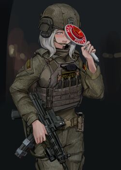 1girl absurdres ammunition_pouch assault_rifle body_armor bulletproof_vest camouflage city_lights combat_helmet covering_face east_germany embarrassed fast_helmet german_text grey_eyes gun h&amp;k_mp5 helmet highres lithographica load_bearing_vest magazine_(weapon) medium_hair military_operator night optical_sight original outdoors patch police police_uniform policewoman pouch rifle riot_police shoulder_patch shy solo strichtarn submachine_gun tactical_clothes weapon white_hair