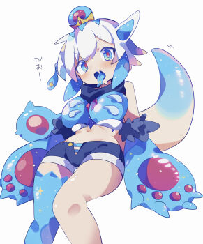1girl absurdres blue_eyes blue_hair blue_shorts blue_thighhighs blue_tongue blush breasts colored_tongue commentary_request crown feet_out_of_frame gao highres large_breasts looking_at_viewer midriff monster_girl multicolored_hair navel open_mouth original short_hair short_shorts shorts simple_background single_thighhigh slime_girl solo tail thighhighs tongue tongue_out translated two-tone_hair uenomigi v-shaped_eyebrows white_background white_hair
