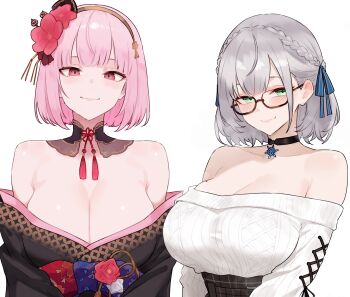 2girls absurdres armpit_crease bare_shoulders black_choker black_kimono bluefield blush bob_cut braid breasts brown_hairband brown_skirt choker cleavage closed_mouth flower glasses green_eyes grey_hair hair_flower hair_ornament hairband half_up_braid half_updo high-waist_skirt highres hololive hololive_english huge_breasts japanese_clothes jewelry kanzashi kimono looking_at_viewer medium_hair mori_calliope mori_calliope_(new_year) multiple_girls off-shoulder_sweater off_shoulder official_alternate_costume official_alternate_hair_length official_alternate_hairstyle parted_hair pendant pink_eyes pink_flower pink_hair plaid_clothes plaid_skirt ribbed_sweater semi-rimless_eyewear shiny_skin shirogane_noel shirogane_noel_(casual) short_hair simple_background skirt smile snowflake_pendant sweater sweater_tucked_in tassel teeth upper_teeth_only virtual_youtuber white_background white_sweater