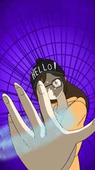 1girl baseball_cap black-framed_eyewear black_hat breasts brown_eyes brown_hair curled_fingers digimon digimon_frontier digivice energy expressionless eyelashes f20000 female_focus fingernails full_body glasses hair_between_eyes hat henshin highres hood hoodie long_hair looking_at_viewer matching_hair/eyes neck open_mouth orange_hoodie original outstretched_hand purple_background short_sleeves shouting sidelocks small_breasts spirit_evolution upper_body wristband