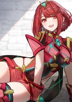 1girl absurdres amausa_subee backless_outfit bob_cut breasts commentary core_crystal_(xenoblade) earrings floating_earrings highres impossible_clothes jewelry looking_at_viewer pyra_(xenoblade) red_eyes red_hair revision short_hair short_sleeves smile solo swept_bangs tiara xenoblade_chronicles_(series) xenoblade_chronicles_2