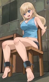 1girl barefoot blonde_hair blue_eyes breasts chair cleavage colorized earrings eden's_zero gaston18 jewelry large_breasts long_hair navel rebecca_bluegarden sideboob sitting solo